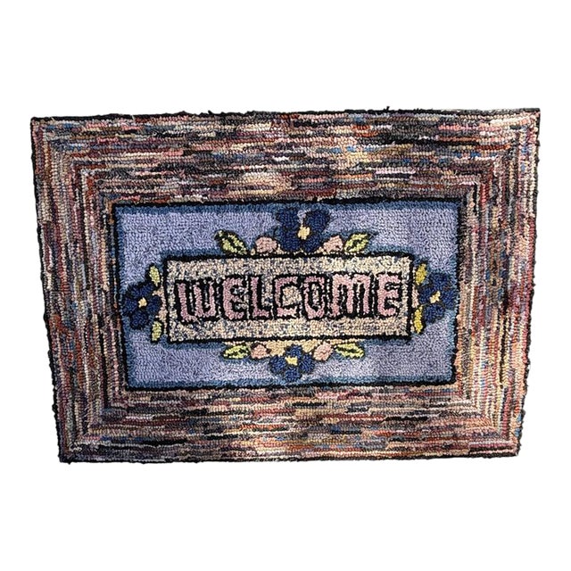 1930s Hand-Hooked Mounted Welcome Rug From Pennsylvania For Sale