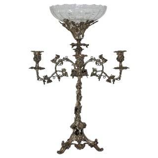 Art Nouveau Four-Arm Silver Plate Epergne Candelabra With Engraved Glass Bowl For Sale