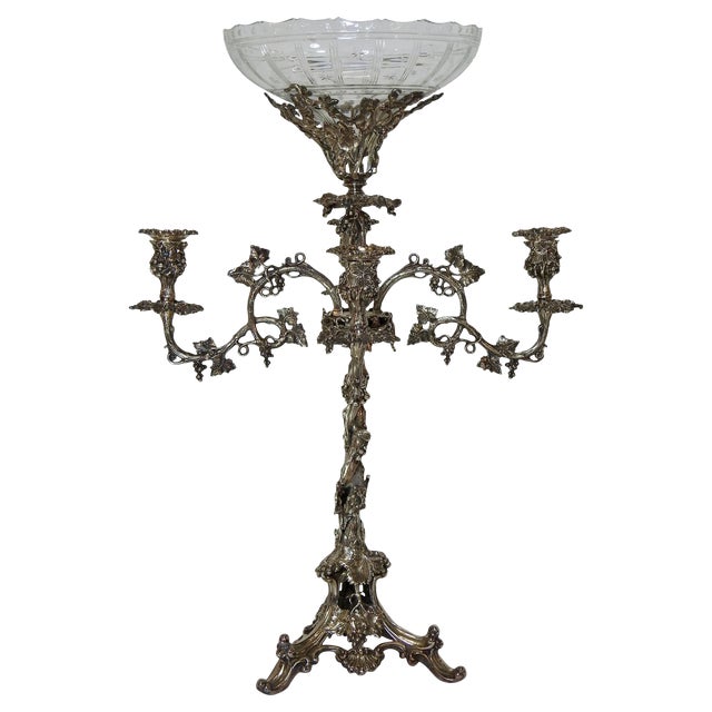 Art Nouveau Four-Arm Silver Plate Epergne Candelabra With Engraved Glass Bowl For Sale