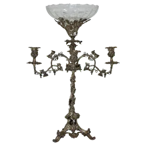Art Nouveau Four-Arm Silver Plate Epergne Candelabra With Engraved Glass Bowl