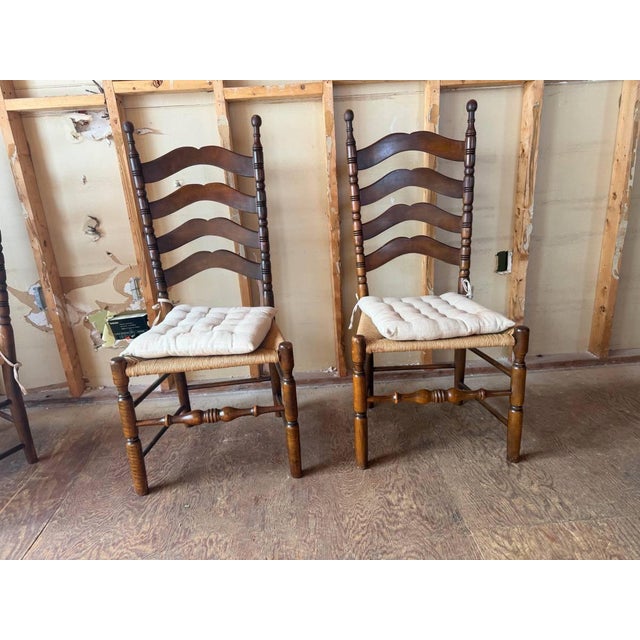Vintage Early American French Rustic Style High Ladder Back Rush Seat Side Chairs For Sale - Image 4 of 17