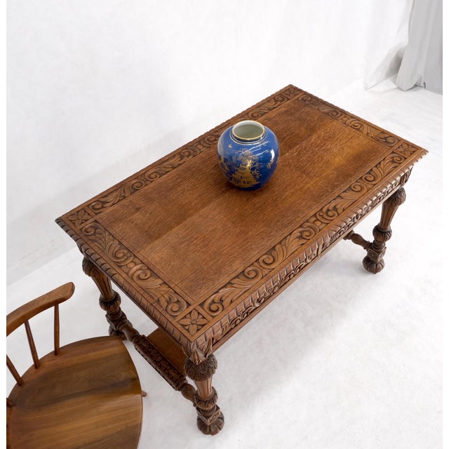 Heavily Fine Carved Oak Small Partners Desk Console Writing Table Mint For Sale - Image 10 of 18