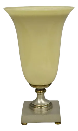 Antique French Art Deco Beige Fluted Glass Vase Metal Base Up Light Table Lamp