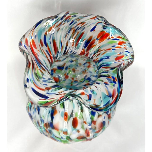 Vintage MCM Millefiori Speckled Ruffled Top Art Glass 7.5" Vase For Sale - Image 9 of 9