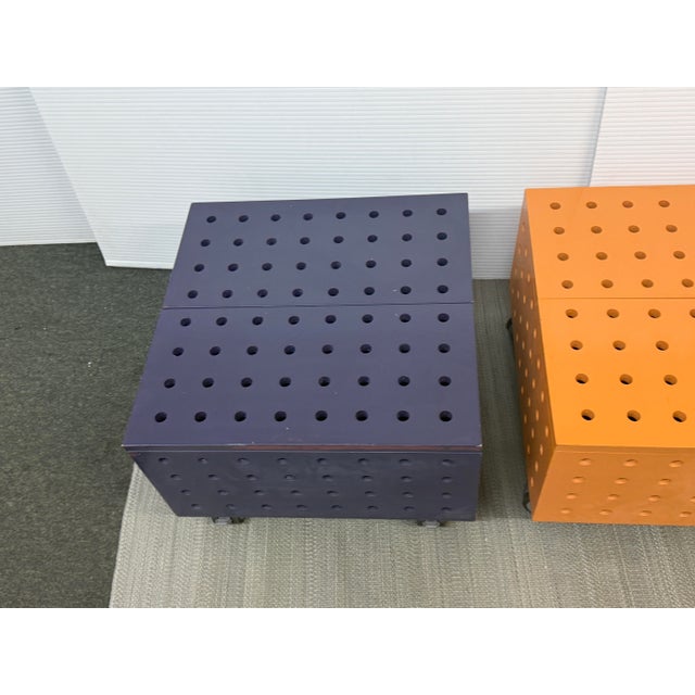 Purple + Orange Peg Board Storage Tables on Casters, Set of Two For Sale - Image 9 of 12