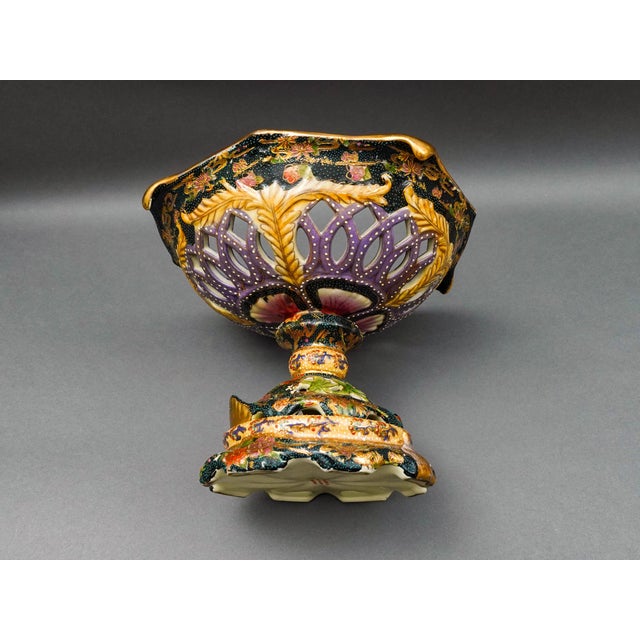 Glass Mid 20th Century Royal Satsuma Handpainted Moriage Reticulated Pedestal Centerpiece Bowl Compote For Sale - Image 7 of 10