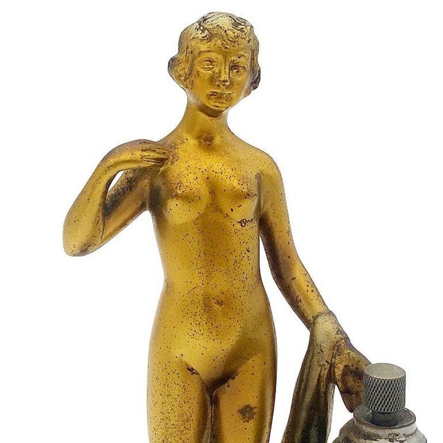 1930s Art Deco Spelter Metal Nude Flapper Goddess Desktop Torch Tip Table Lighter For Sale - Image 11 of 11