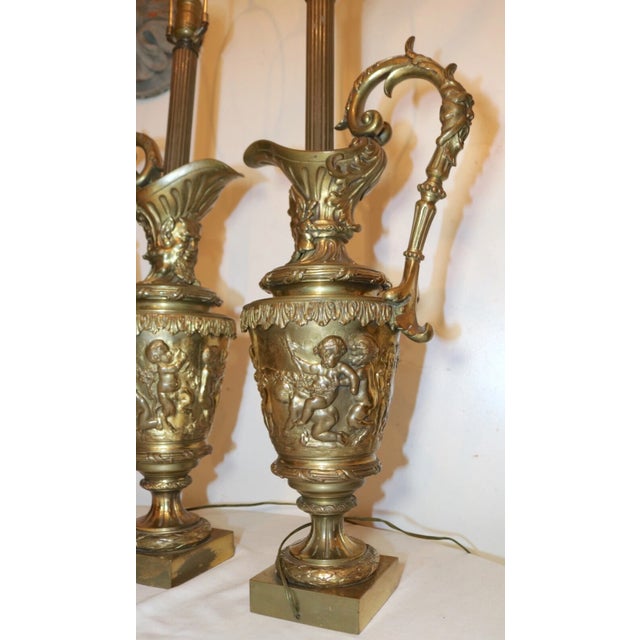 Huge Pair of 1800's Antique Gilt Bronze Figural Cherub Ewer Urn Vase Table Lamps For Sale In New York - Image 6 of 12