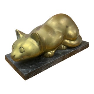 Vintage 1960s Brass Crouching Cat on Black Marble Base For Sale