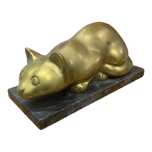Vintage 1960s Brass Crouching Cat on Black Marble Base