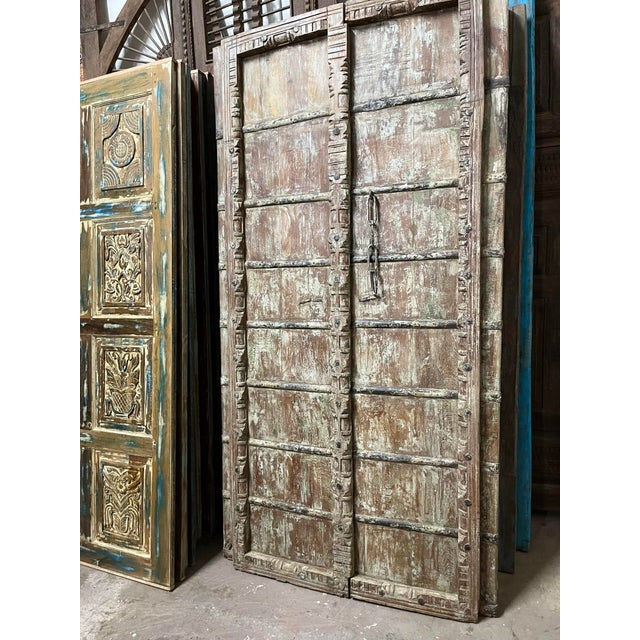 Brown Antique Teak Wood Carved Door – Rustic Farmhouse Garden Entry Door 84 For Sale - Image 8 of 10