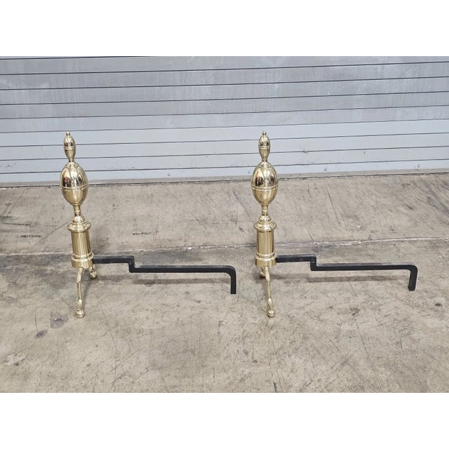 Brass Late 20th Century Virginia Metalcrafters Williamsburg Brass Fireplace Andirons Cw 100-2 W Logholders For Sale - Image 8 of 12