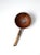 An antique copper pan featuring a rounded base, a wooden end handle, and a rope loop for hanging and storage. The warm...