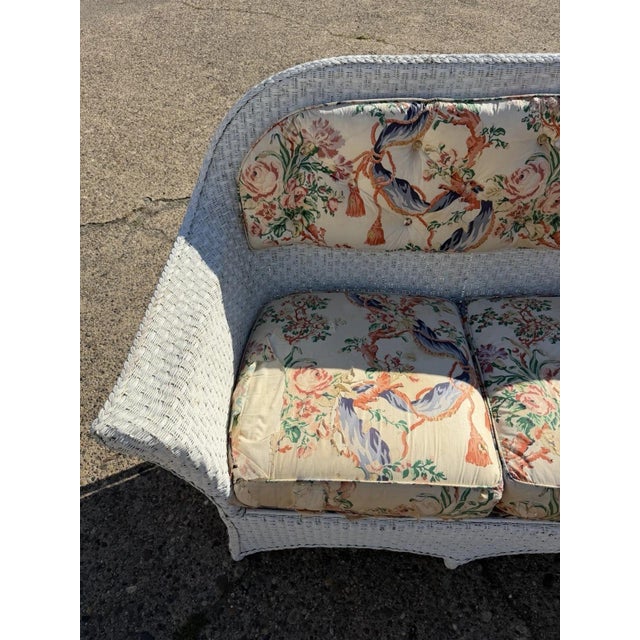 Victorian Antique Victorian White Wicker Rattan Sunroom Patio Sofa W/ Loose Cushions For Sale - Image 3 of 18