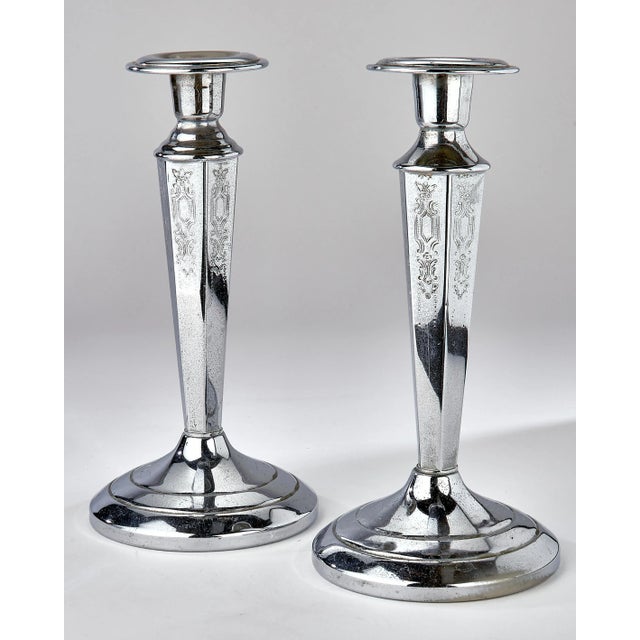 Cromwell Silver Mfg. Corp. Chromium Etched Candelabras - a Pair For Sale - Image 4 of 6