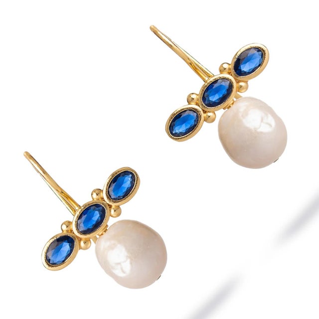 Modern Royal Sapphire Pearl Drop Earrings, A Pair For Sale - Image 3 of 7