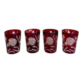 Set of 4 Vintage Bohemian Ruby Red Cut to Clear Glasses For Sale