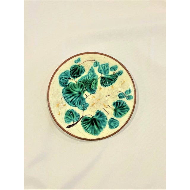 Antique Majolica White Plate With Green Dogwood Leaves and Brown Rim For Sale - Image 6 of 6