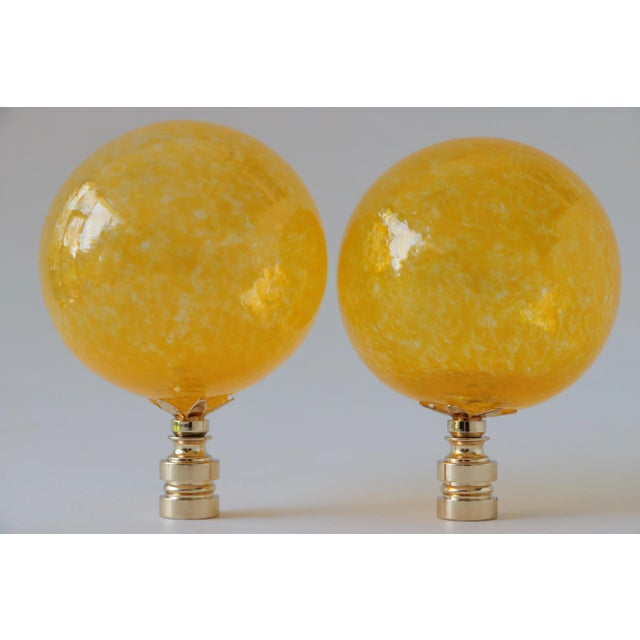 Handblown Glass Lamp Finials on Brass Hardware - a Pair in Yellow For Sale - Image 4 of 7