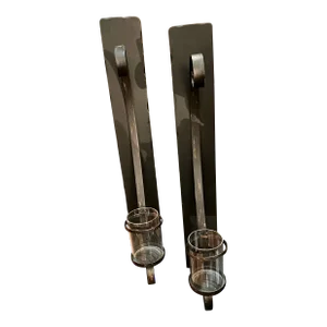 3 Ft Tall Pair Vintage Extra Large Black Wall Mount Candle Holders With Glass Vessels