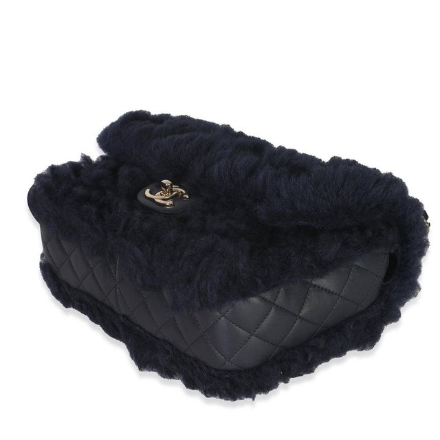 Animal Skin Navy Shearling Quilted Lambskin Medium Flap Bag For Sale - Image 7 of 8