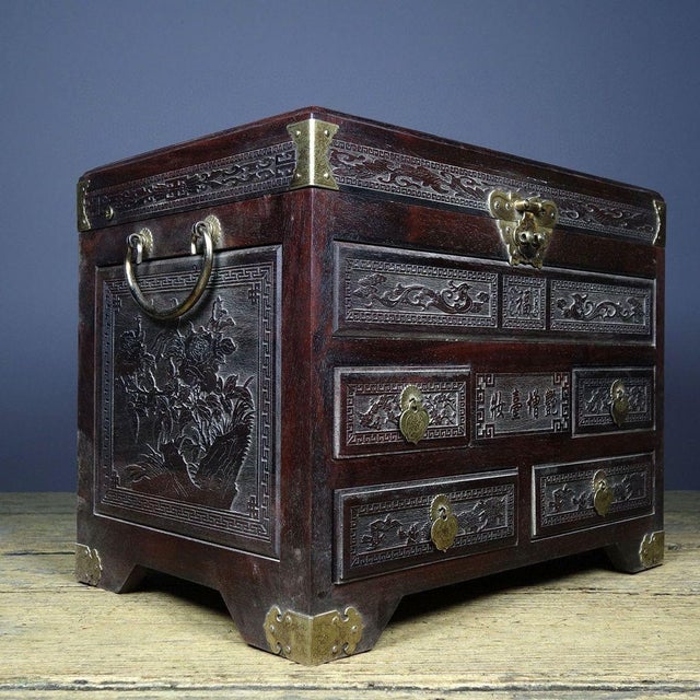 Vintage Rosewood Jewelry Box / Vanity Chest With Brass Hardware & Carved Drawers For Sale In Los Angeles - Image 6 of 9