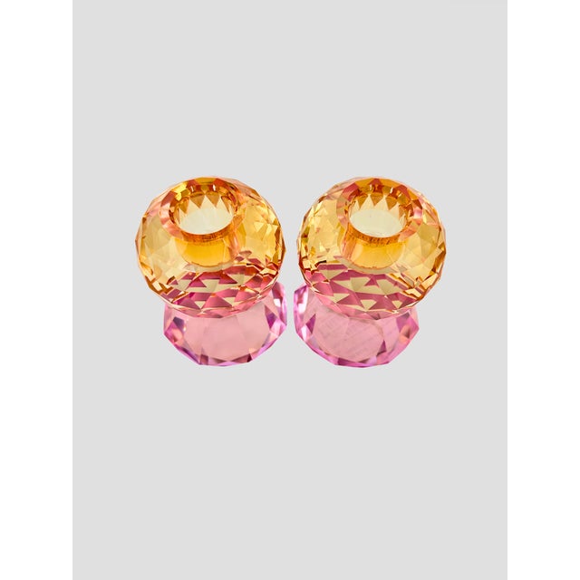 Danish Pink & Orange Faceted Crystal Candle Holder Pair For Sale - Image 4 of 4