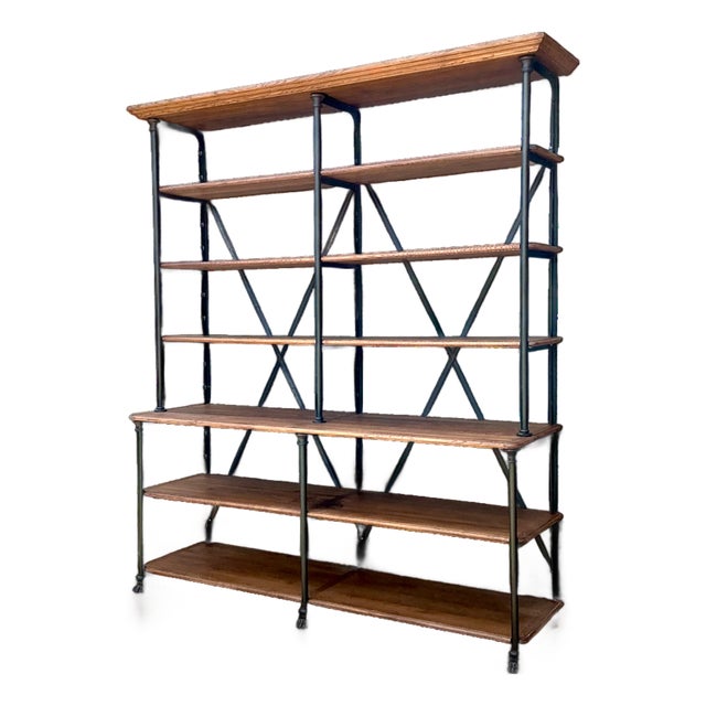 Vintage French Plank Wood and Metal Industrial Bookshelf For Sale