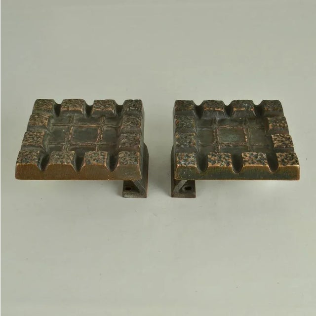Metal Brutalist Bronze Square Push Pull Door Handles with Geometric Reliefs, 1970s, Set of 2 For Sale - Image 7 of 8
