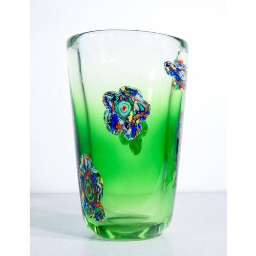 Large murano blown glass vase decorated with hot-applied flowers made from millefiori murrine. Italy, 1990s origin italy...