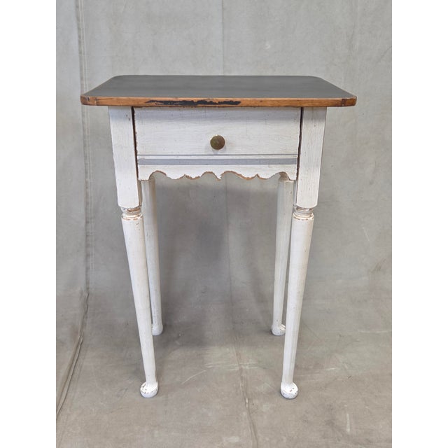 Shabby Chic Antique Pine Nightstands Painted White With Gray Banding and Black Tops - A Pair For Sale - Image 3 of 17