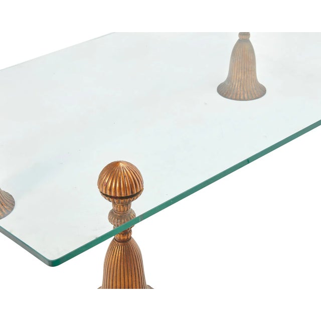 Mid-Century Modern Mid Century Modern Gold Metal Tassel Lucite & Glass Cocktail Coffee Table For Sale - Image 3 of 3