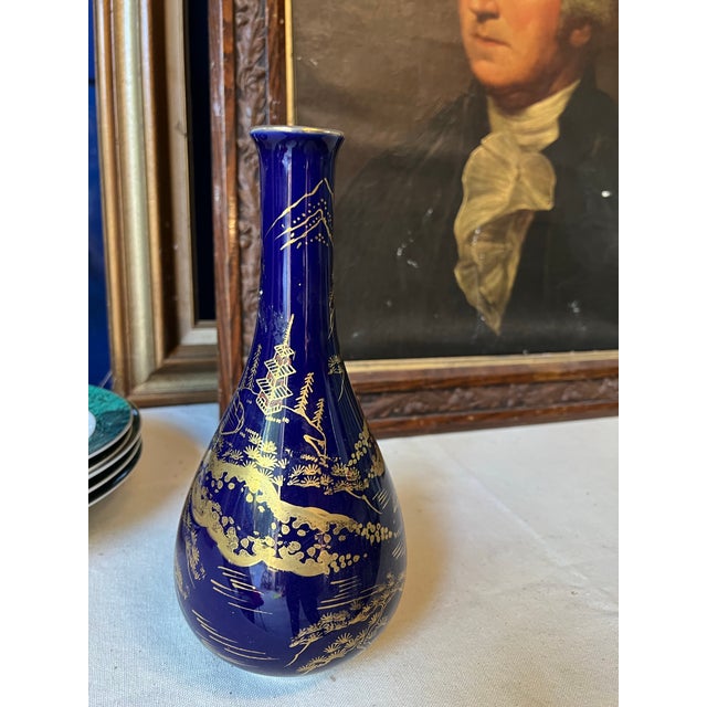 1970s Deep Blue Pagoda Vase With Gold Accents For Sale - Image 4 of 4