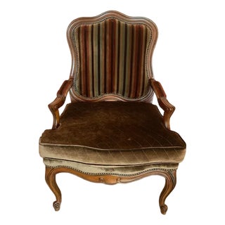 Custom French Louis XV–Style Bergère Armchair — Hand-Carved Walnut Frame & Bentley Churchill Woven Fabric For Sale