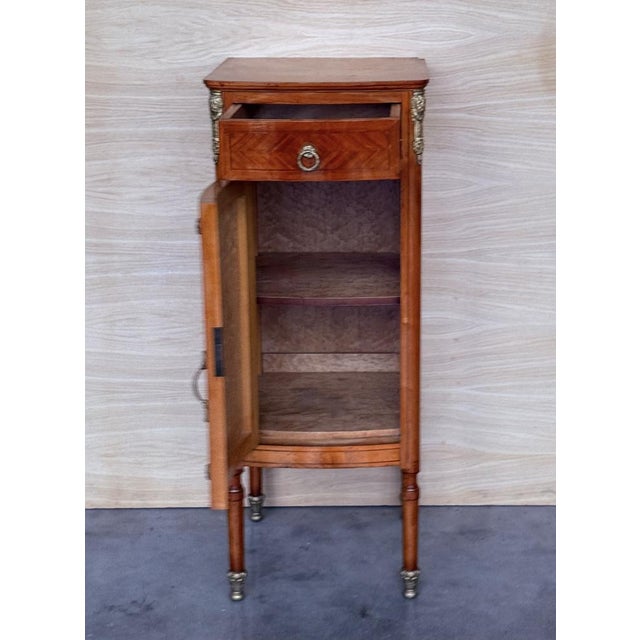 Hight Tall Narrow French Marquetry Nightstands with Drawer and Door in Burl Oak, 1890s, Set of 2 For Sale - Image 6 of 11