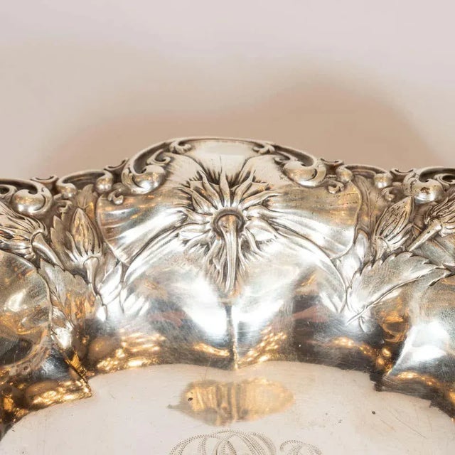 Silver American Art Nouveau Sterling Silver Repousse Engraved Floral Dish For Sale - Image 8 of 13