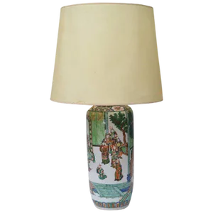 Signed Hand-Painted Chinese Porcelain Table Lamp with Original Shade