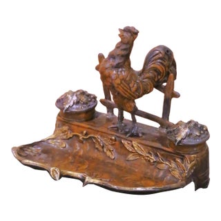 19th Century French Patinated and Gilt Spelter Rooster Inkwell Desk Set For Sale