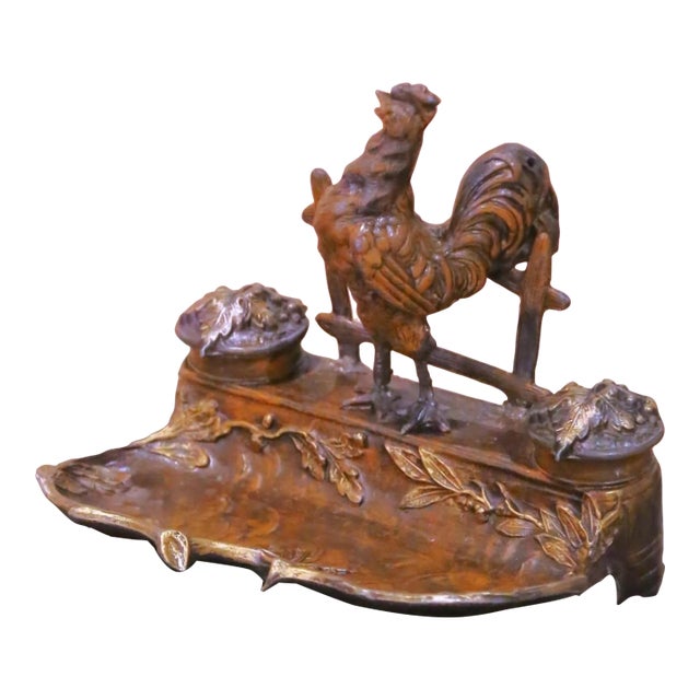 19th Century French Patinated and Gilt Spelter Rooster Inkwell Desk Set For Sale