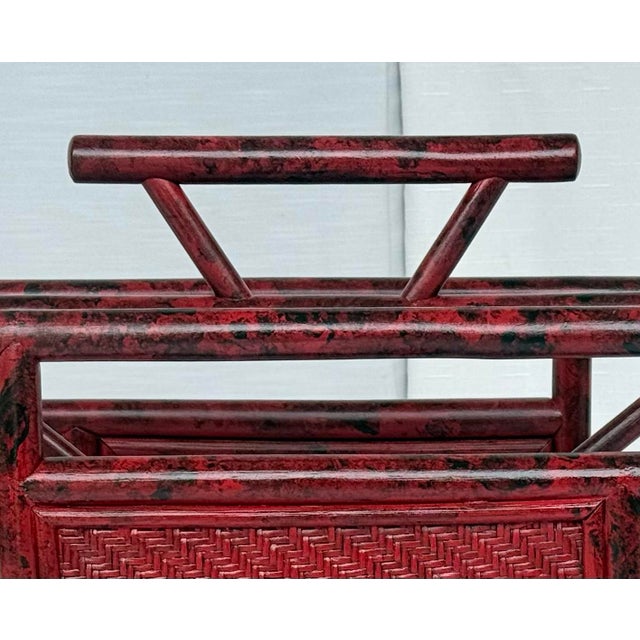 Chinoiserie Chic Vintage Vermillion Red Faux Tortoiseshell Pagoda Magazine Vinyl Record Rack - Newly Painted For Sale - Image 3 of 7
