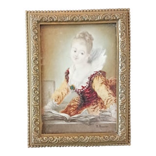After Fragonard's "L'Etude" Miniature Watercolor Signed Rannier For Sale