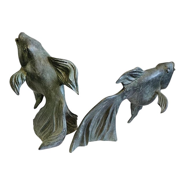 1950s Japanese Art Bronze Fly Koi Fish Garden Sculptures - Set of 2 For Sale