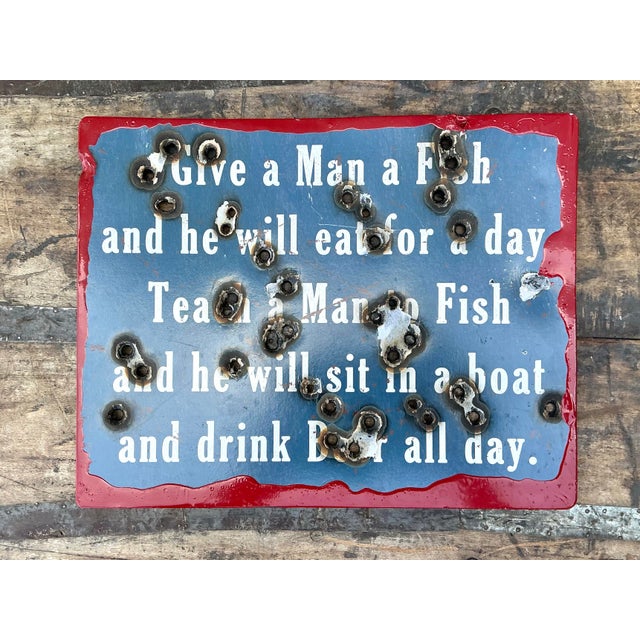 Vintage Original Bullet Hole Fisherman Sign For Sale - Image 10 of 12