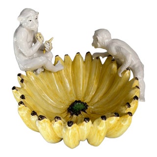 Large Mid 20th Century Palm Beach Regency Majolica Monkey Banana Bowl Marked Italy For Sale