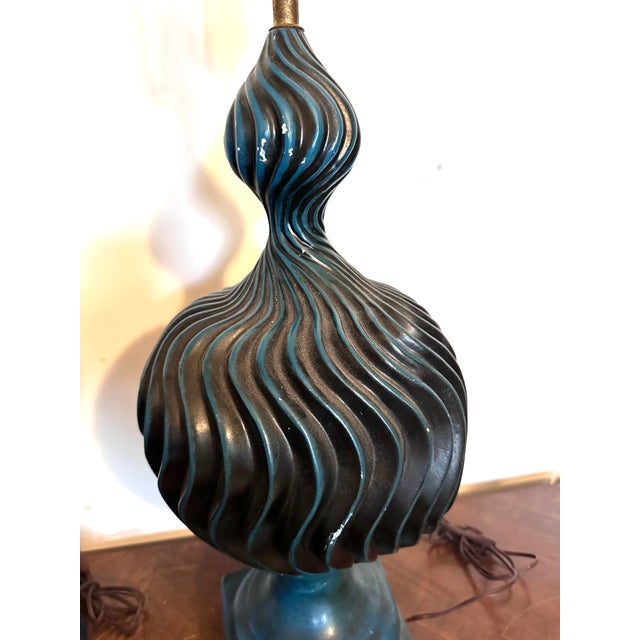Pair of Mid 20th Century Two-Tone Blue Ceramic Swirl Statement Table Lamps For Sale - Image 4 of 12