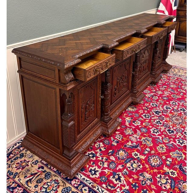 1910s Antique French Breton Large Carved Sideboard Server Entry Buffet Oak c.1900-20s For Sale - Image 5 of 18