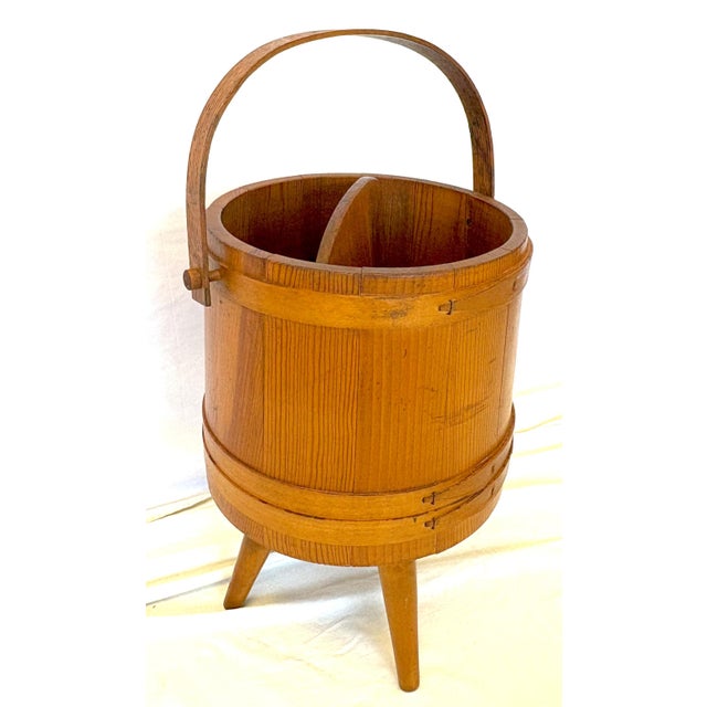 Wood Mid Century Primitive Natural Oak Wooden Firkin Bucket With Handle For Sale - Image 7 of 12