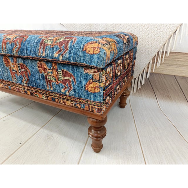 Traditional Horse Design Rug Print Fabric Upholstered Hallway Storage Bench For Sale - Image 3 of 8