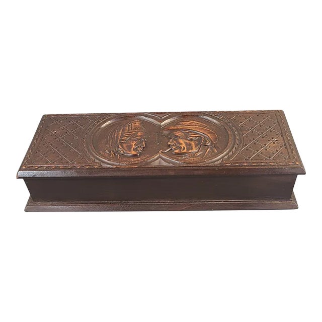 Early 20th Century Antique Hand Carved Figural Wood Glove Box Folk Art Primitive Signed For Sale