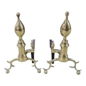 - a PairMid 20th Century Virginia Metalcrafters Williamsburg Brass Fireplace Andirons CW 100 Raleigh